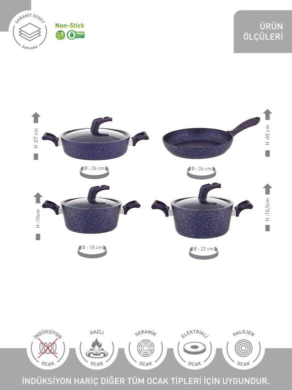 Hascevher Karina 7 Pcs Granit Vega Tencere Seti (18/22Ten/26Kar/26Tv)  RENK: MOR