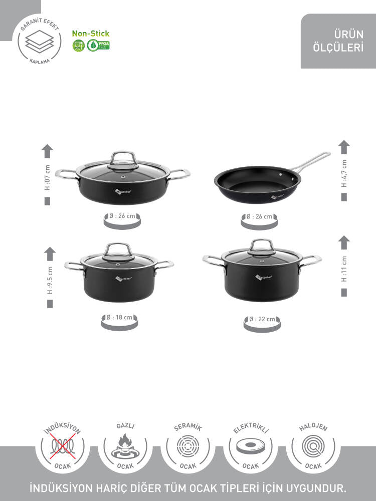 Hascevher Veronica 7 Pcs Nonstick Uygar Swiss Tencere Seti(18/22Ten/26Kar/26Tv)